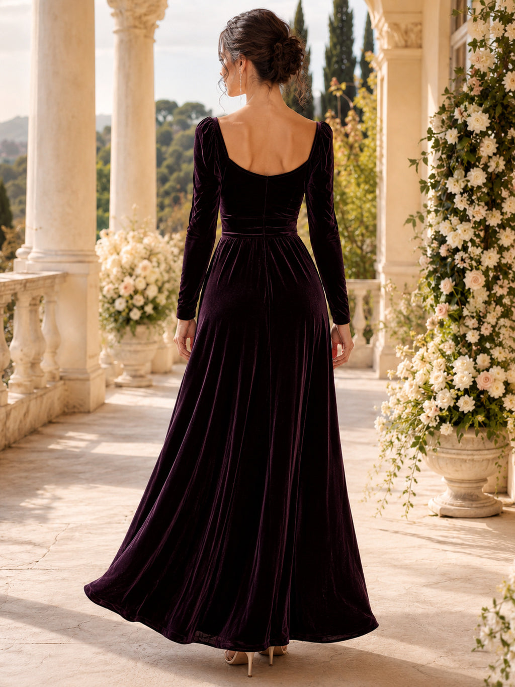 Plum Sweetheart Long Puff Sleeve Velvet A-Line Floor Wedding Guest Gown back view