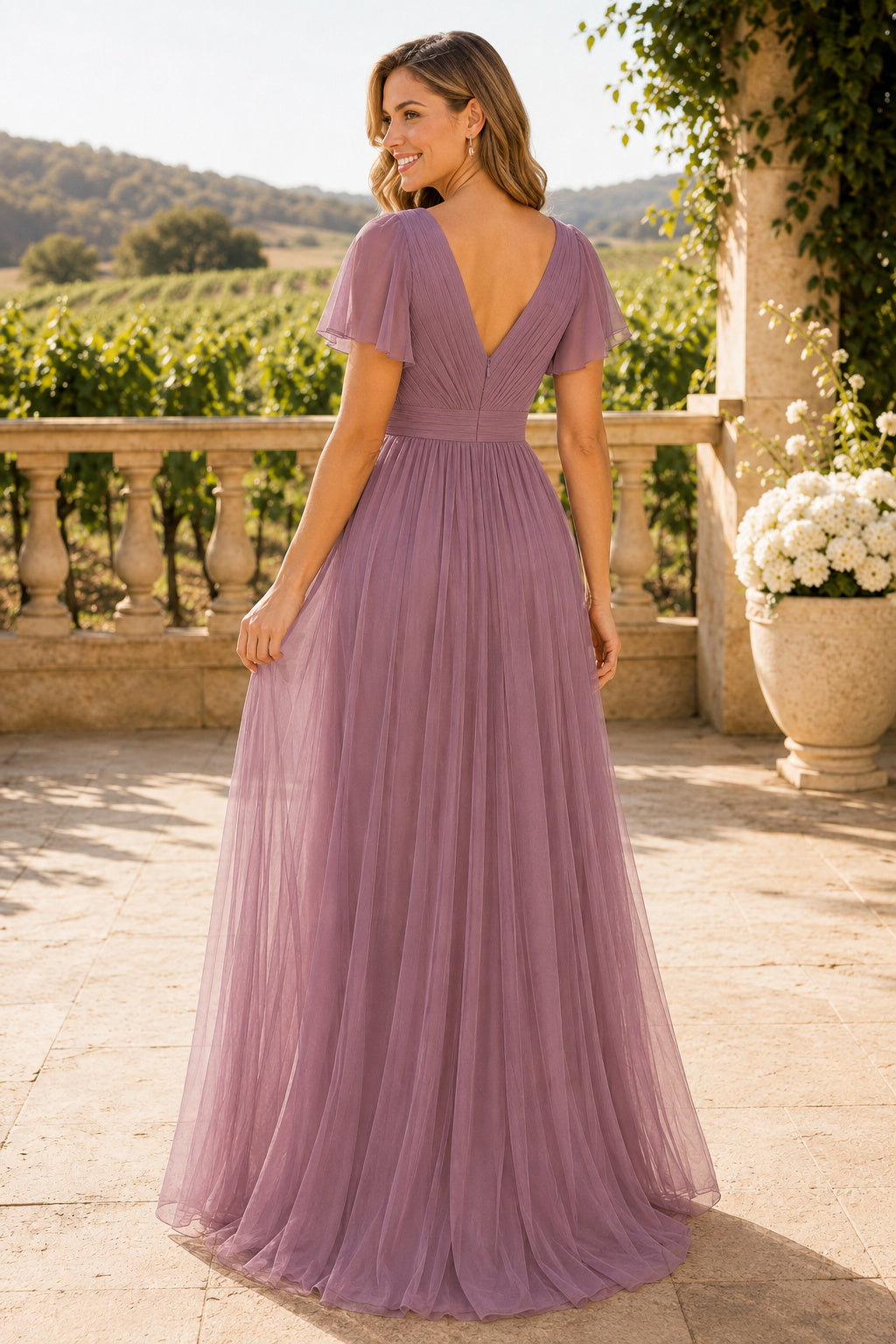 Mauve V-Neck Tulle A-Line Bridesmaid Dress with Flutter Sleeves – Ms. Grace
