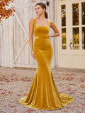 Mustard Gold Square Neck Velvet Mermaid Sweep Train Modern Wedding Dress front view