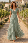 Sage Ruffle Wedding Guest Sheath Dress front view
