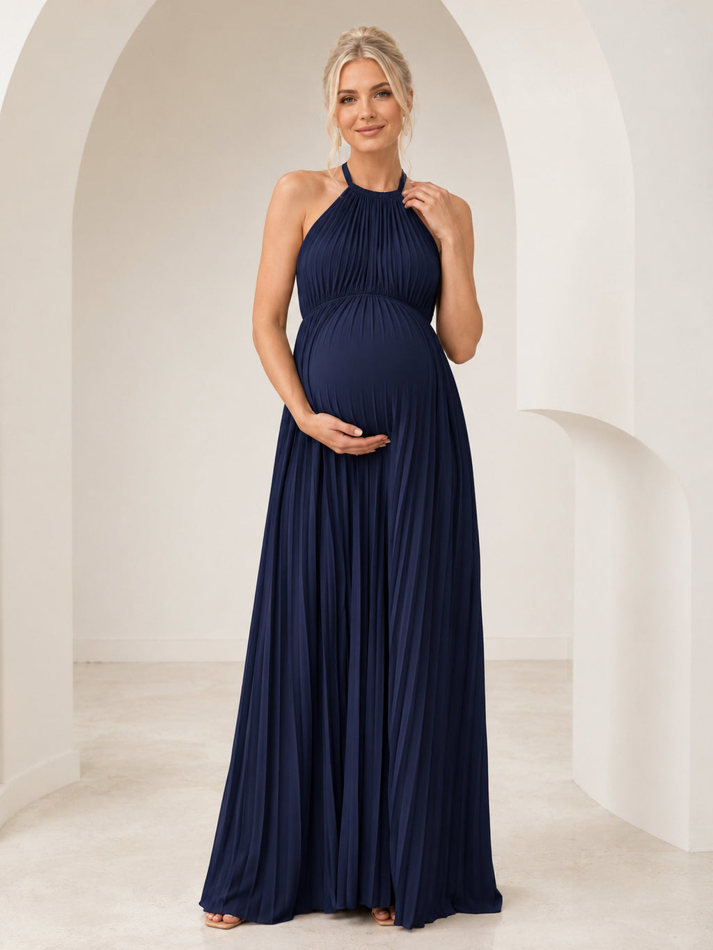 Dark Navy Maternity High Neck Halter Empire Pleated Floor Length Formal Dress front view