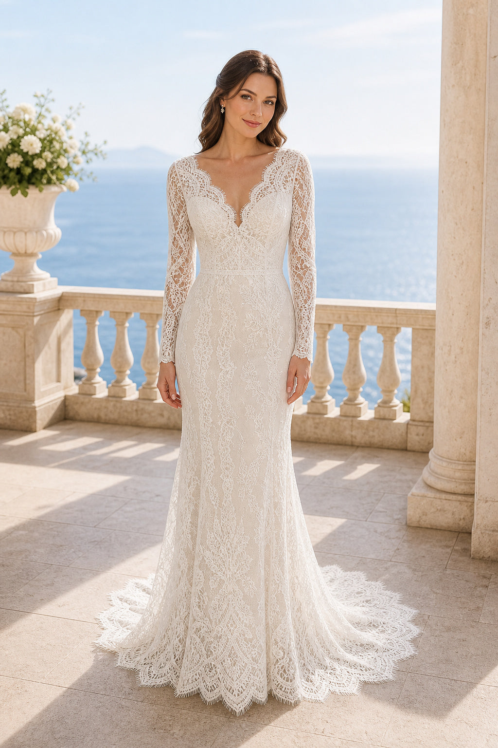 White Scoop Short Sleeves A-Line Chiffon Floor-length Wedding Dress With Front Slit and Beaded Waist and Open Back Lace Hem Detail