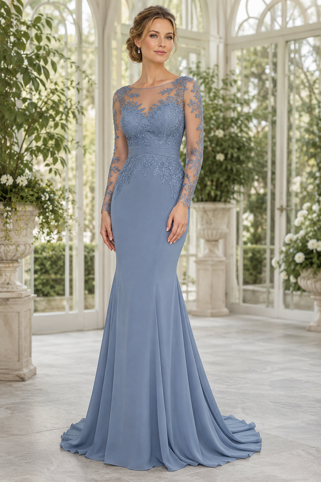 Steel Blue Illusion Lace Mermaid Mother Dress with Long Sleeves and Sweep Train front view