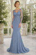 Steel Blue Illusion Lace Mermaid Mother Dress with Long Sleeves and Sweep Train front view