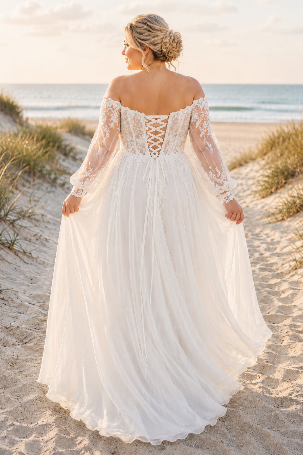 Ivory Off-the-Shoulder Long Sleeve Lace A-Line Wedding Dress with Boho Tulle Train back view
