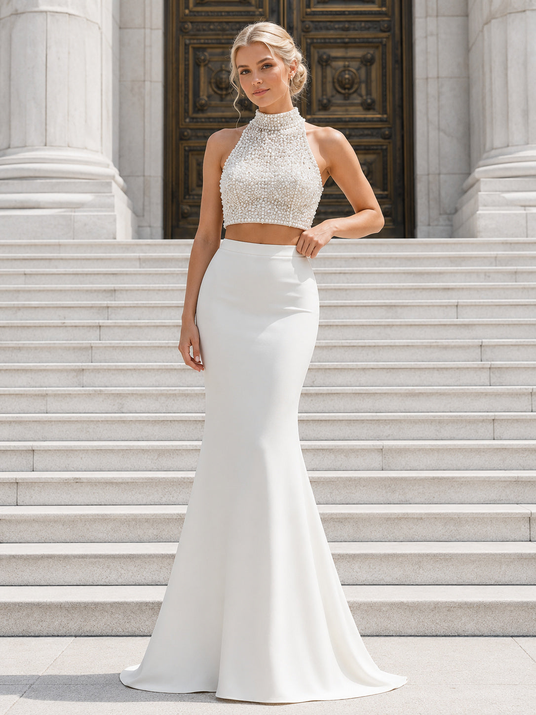Pearl Halter Crop Top Mermaid City Hall Bridal Set front view