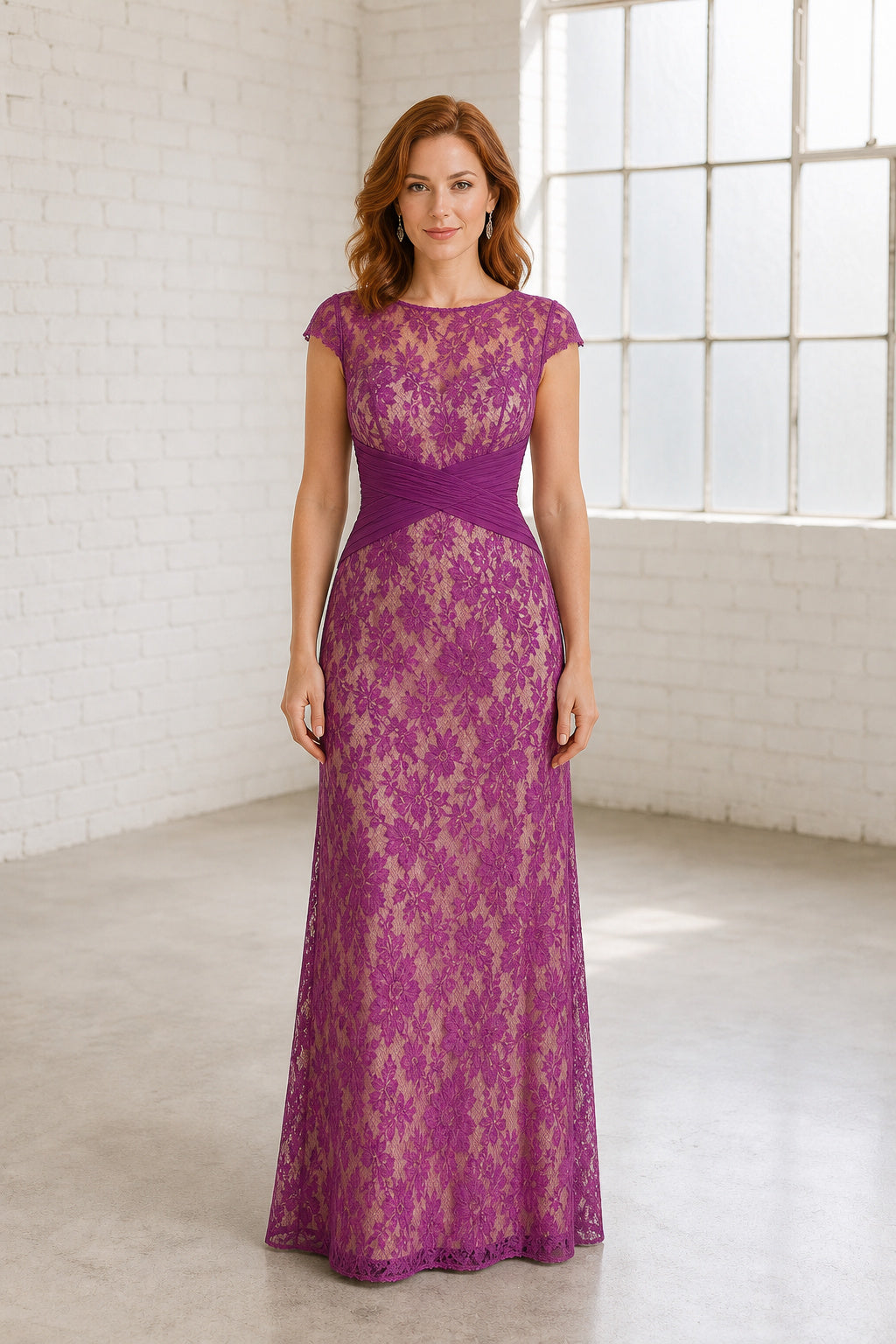Fuchsia Bateau Cap Sleeve Sheath Lace Floor-Length Dress With V-back