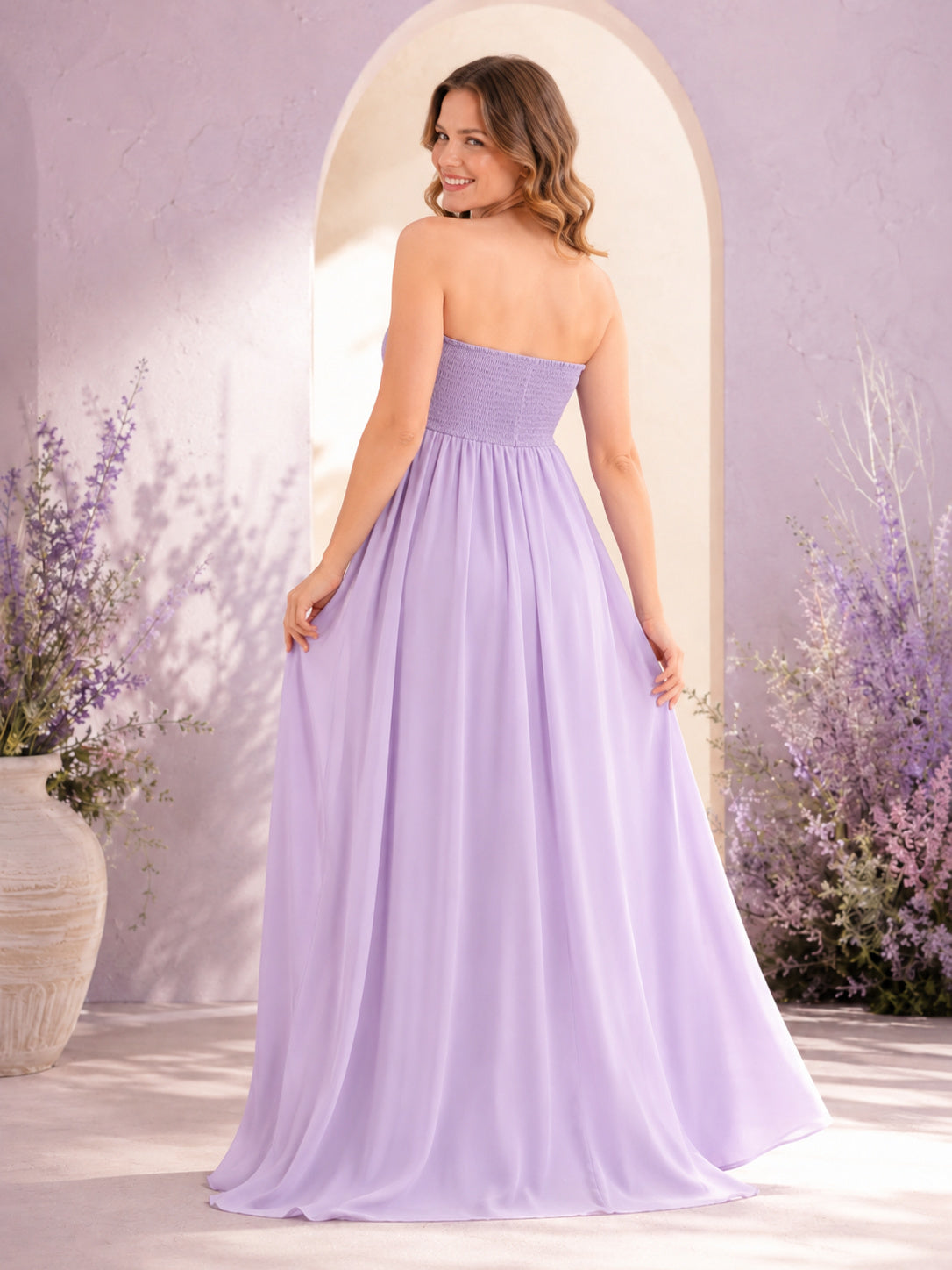 Lilac Maternity Strapless Empire A-Line Chiffon Floor Length Romantic Bridesmaid Dress back view