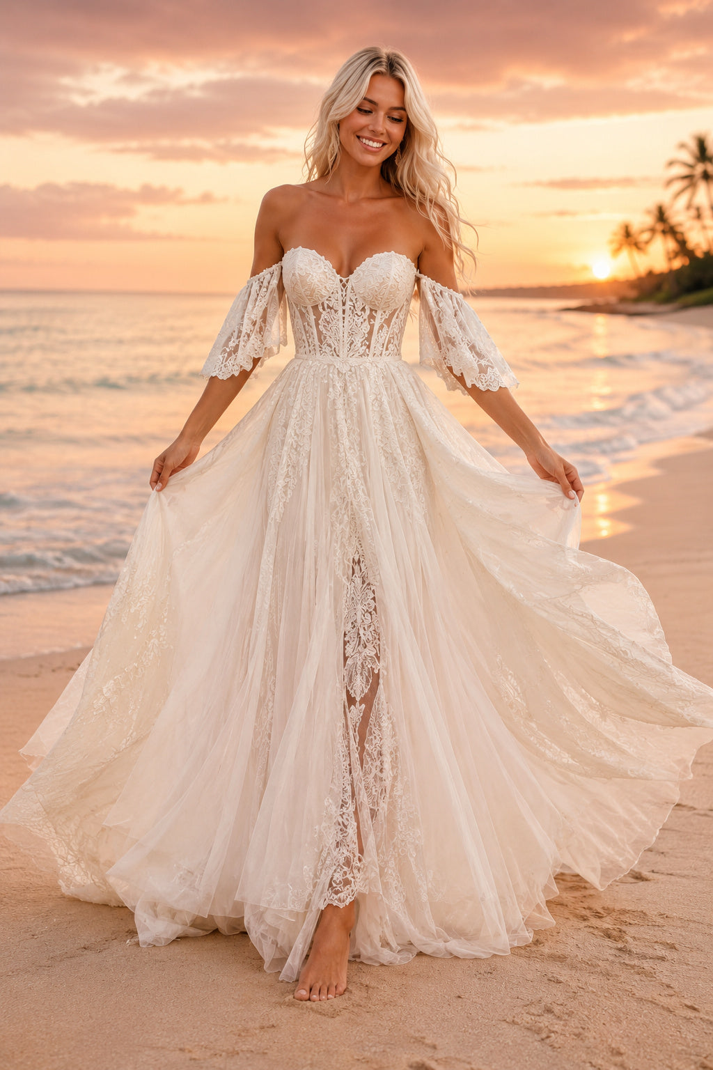 Ivory Off Shoulder Sweetheart Tulle Ball Gown Wedding Dress Lace Bodice for Bridal Ceremony and Reception front view