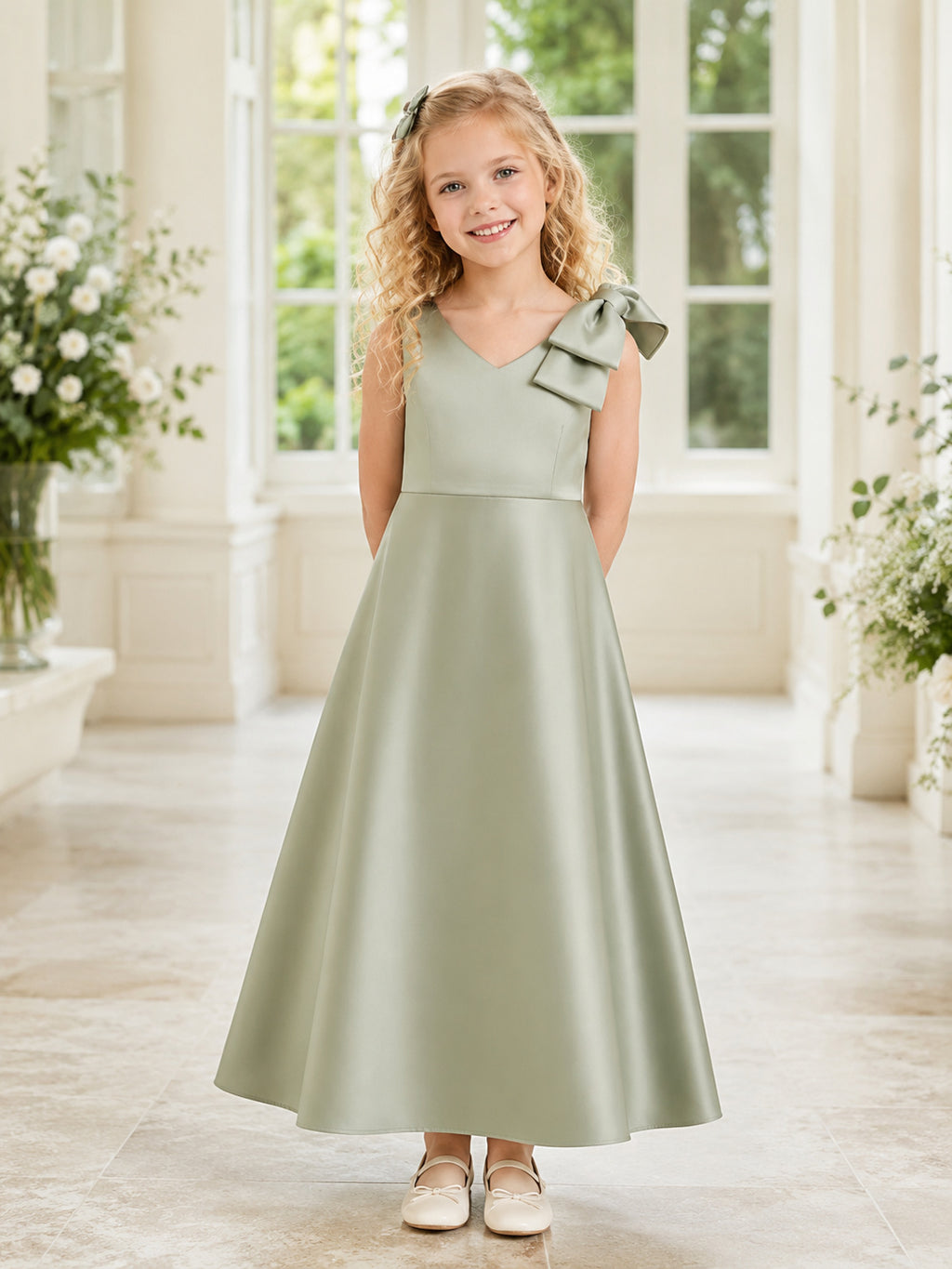 Sage Cap Sleeve Satin A-Line Flower Girl Dress with one-shoulder Neckline and Tea length Skirt with Bow Detail front view