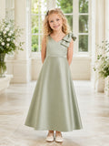 Sage Cap Sleeve Satin A-Line Flower Girl Dress with one-shoulder Neckline and Tea length Skirt with Bow Detail front view