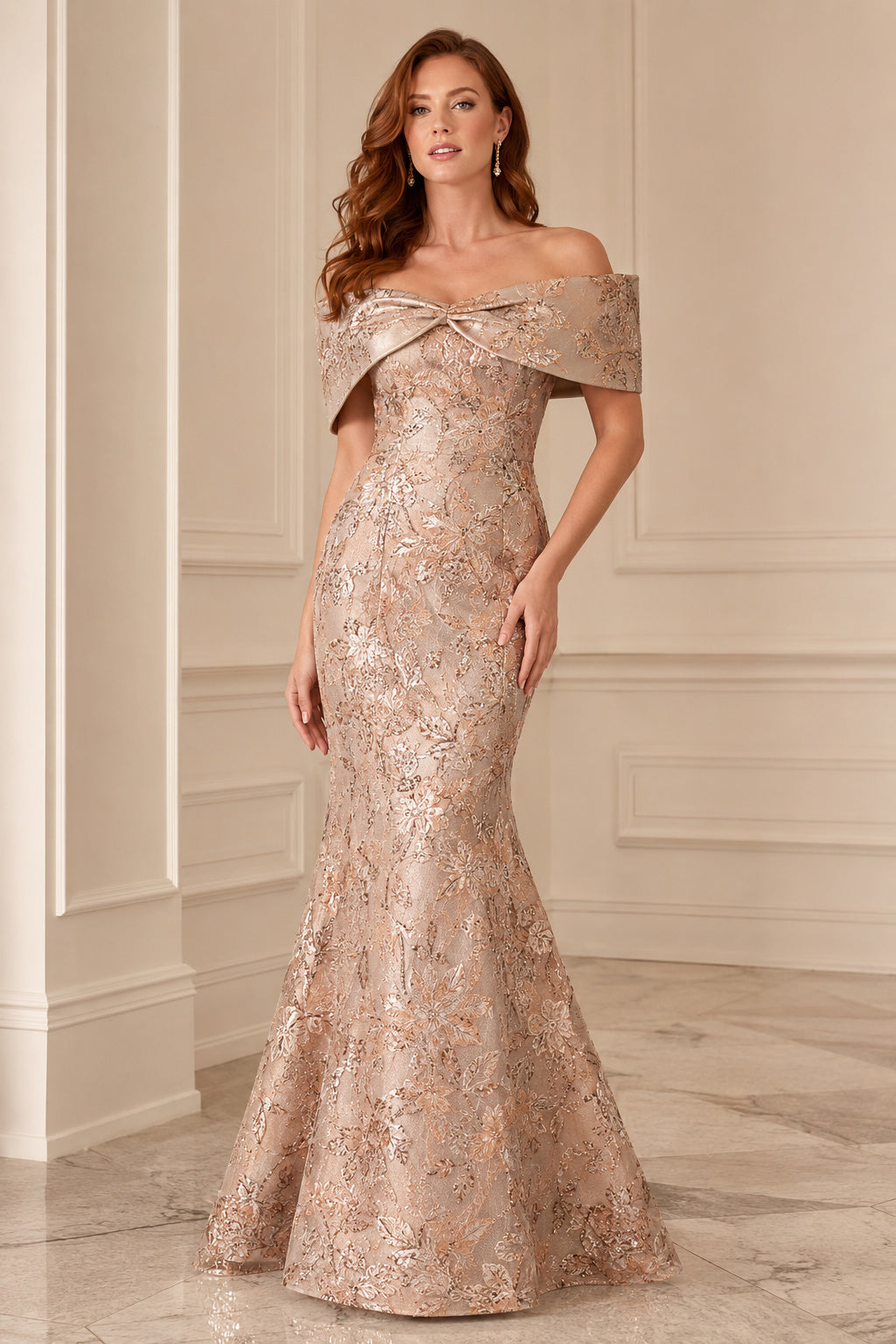 Champagne Off-the-Shoulder Metallic Lace Mermaid Formal Dress front view