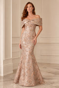 Champagne Off-the-Shoulder Metallic Lace Mermaid Formal Dress front view