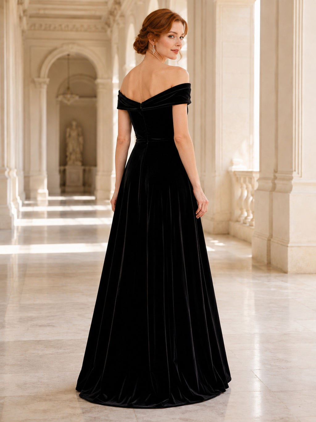 Black Velvet Off Shoulder A-Line Evening Dress back view