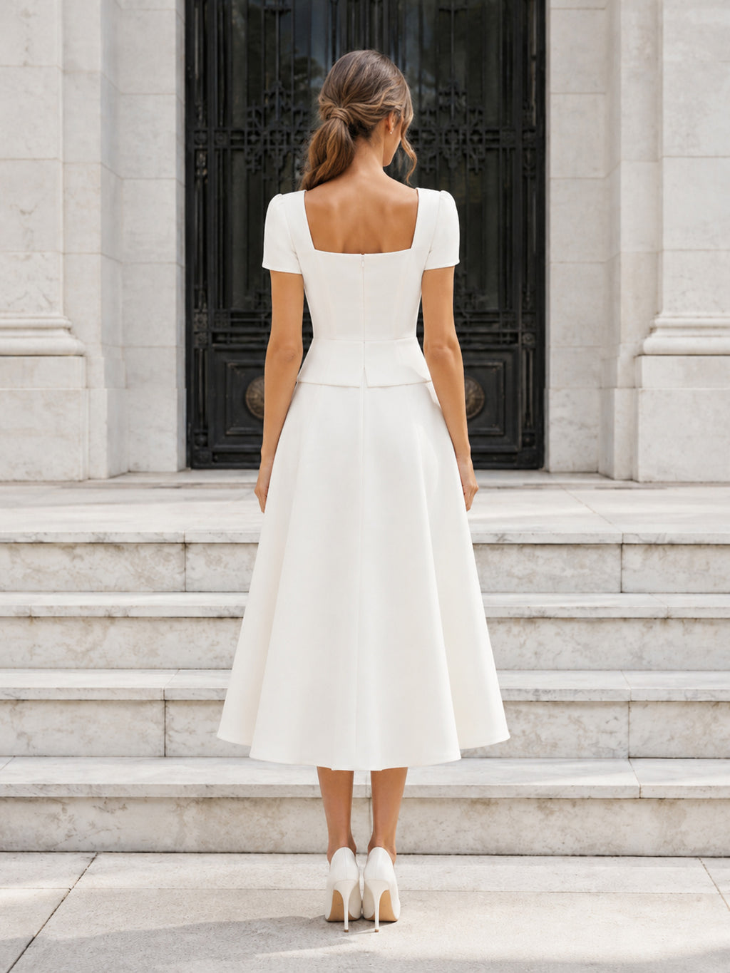 Courthouse Civil Square Neck Short Sleeve A-Line Wedding Dress back view
