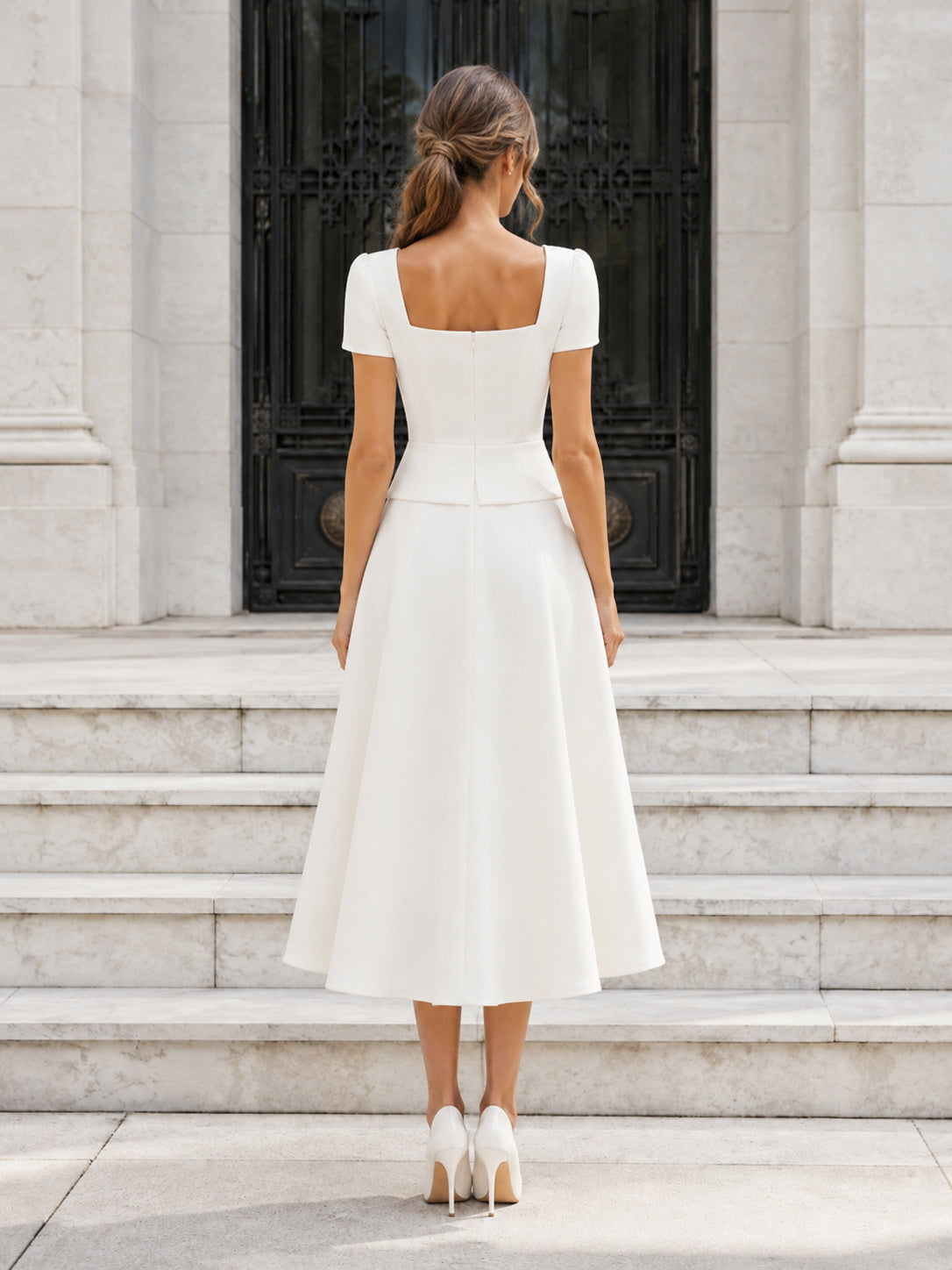 Courthouse Civil Square Neck Short Sleeve A-Line Wedding Dress back view