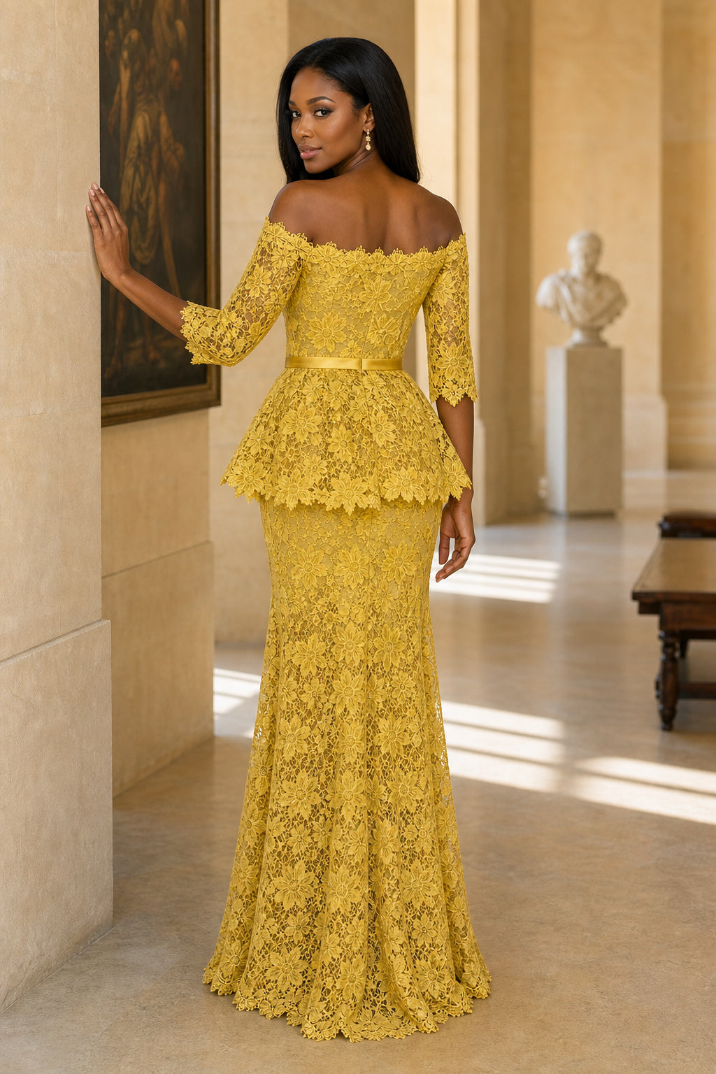 Yellow Off-the-Shoulder Long Sleeve Mermaid Lace Floor-Length Dress With Peplum