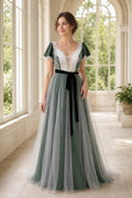 Sage V-neck Cap Sleeves A-Line Tulle, Lace Floor-length Formal Dress With Lace and Sash and Open Back