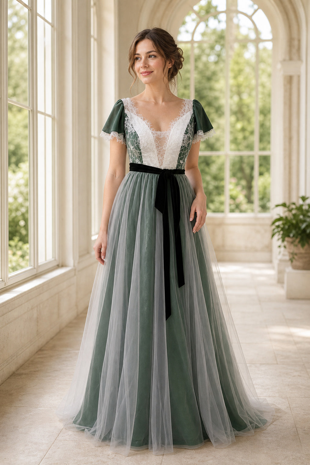 Sage V-neck Cap Sleeves A-Line Tulle, Lace Floor-length Formal Dress With Lace and Sash and Open Back