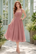 Plus Size Dusty Rose Tea-Length Tulle A-Line Bridesmaid Dress with Square Neck and Straps front view