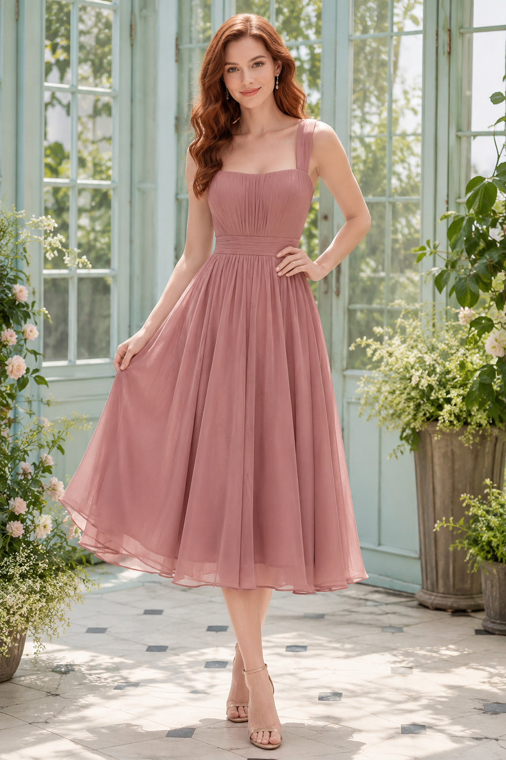 Plus Size Dusty Rose Tea-Length Tulle A-Line Bridesmaid Dress with Square Neck and Straps front view