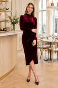 Burgundy Velvet High Neck Long Sleeve Midi Sheath Dress for Mother of the Bride, Wedding Guest, and Formal Events front view