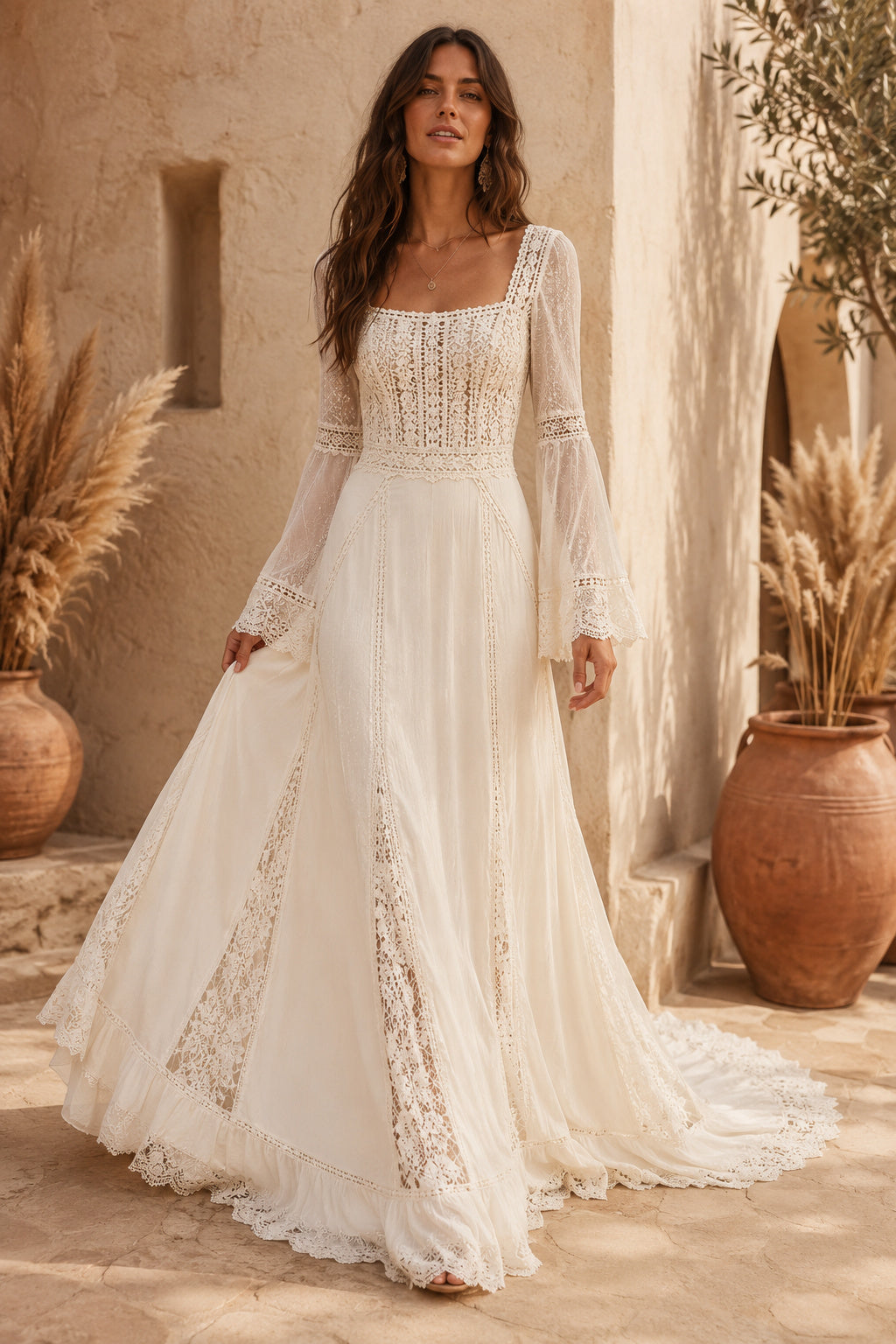 Ivory Square Neck Long Sleeve Chiffon Lace A-Line Wedding Dress for Wedding Ceremony and Reception front view