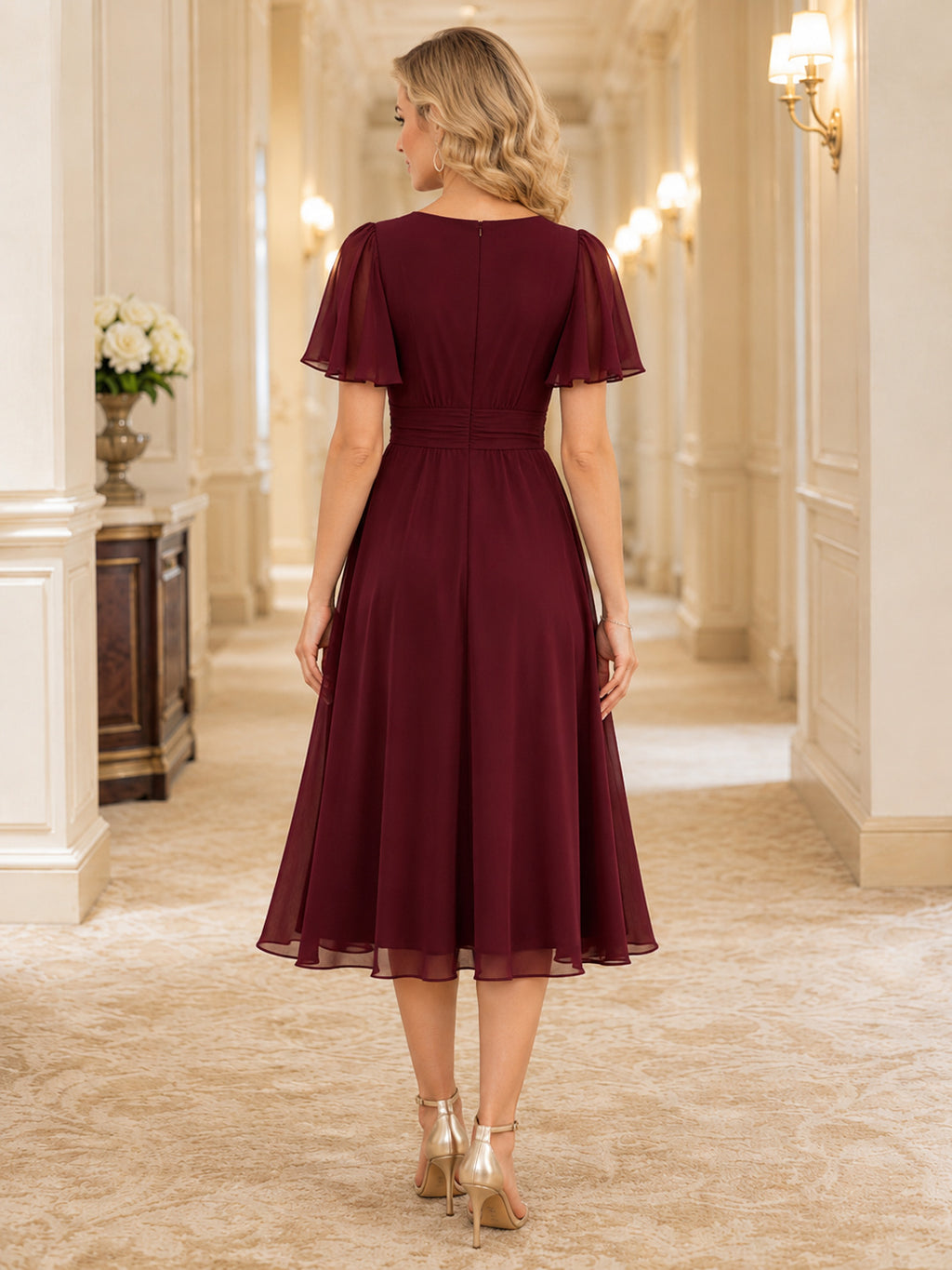 Burgundy Polished Chiffon Sheath V-neck Knee Length Cocktail Dress back view