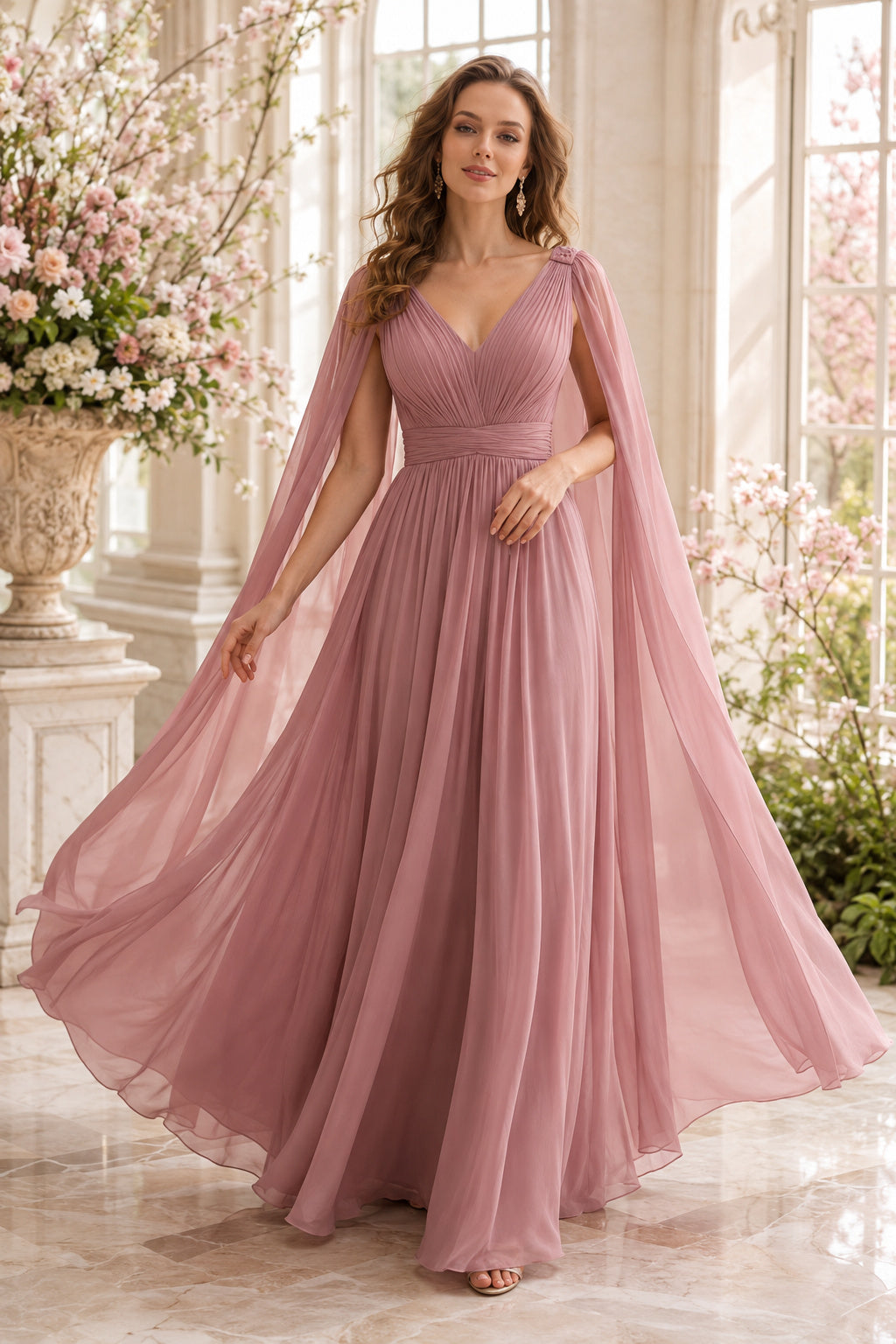 Dusty Rose V-Neck Chiffon A-Line Formal Dress with Long Cape Sleeves and Flowing Skirt front view