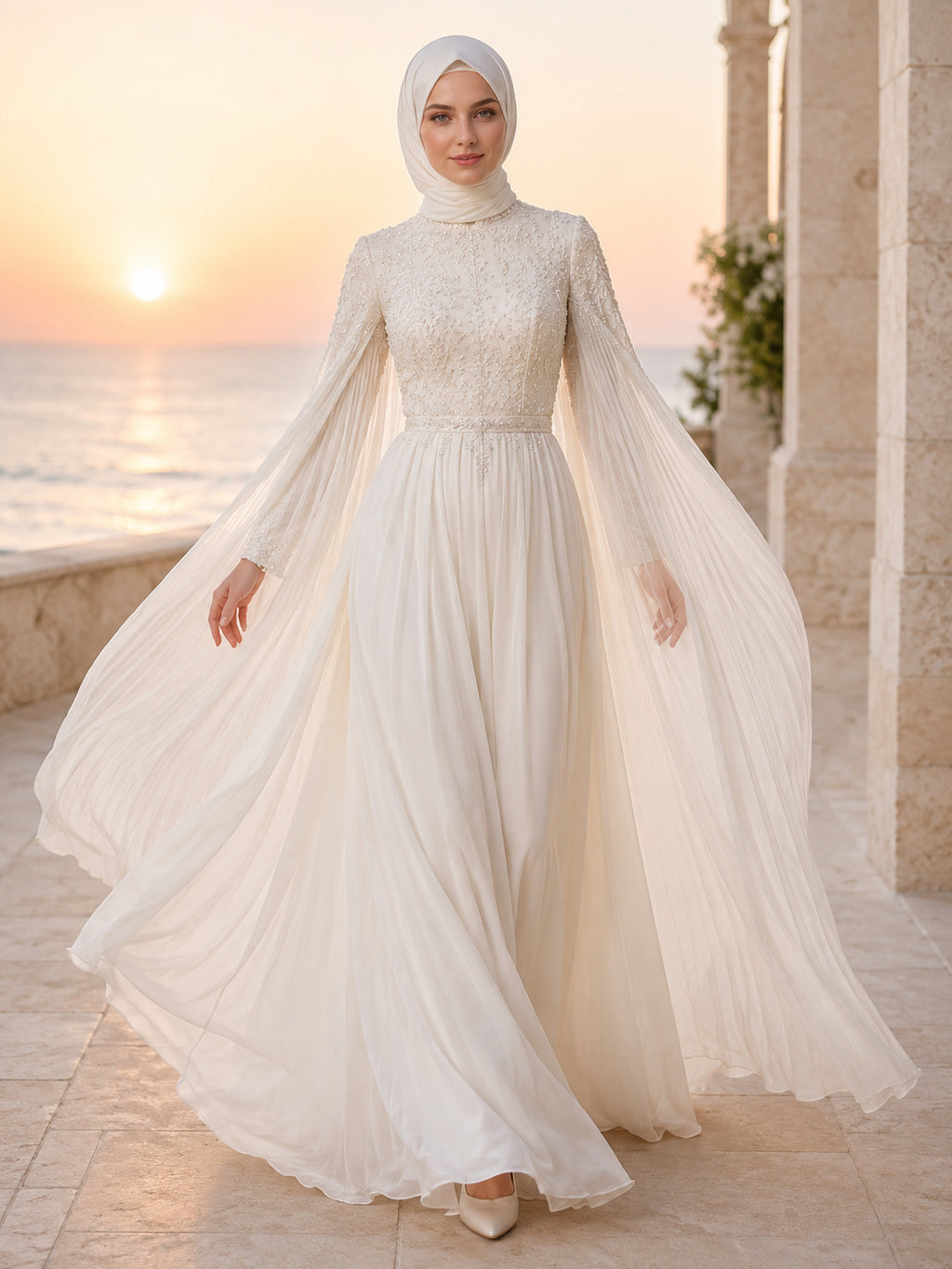 Muslim Chiffon Cape Sleeve High Neck A Line Beach Wedding Dress front view