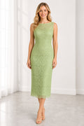 Lime Bateau Sleeveless Sheath Lace Tea-Length Dress With Back Slit