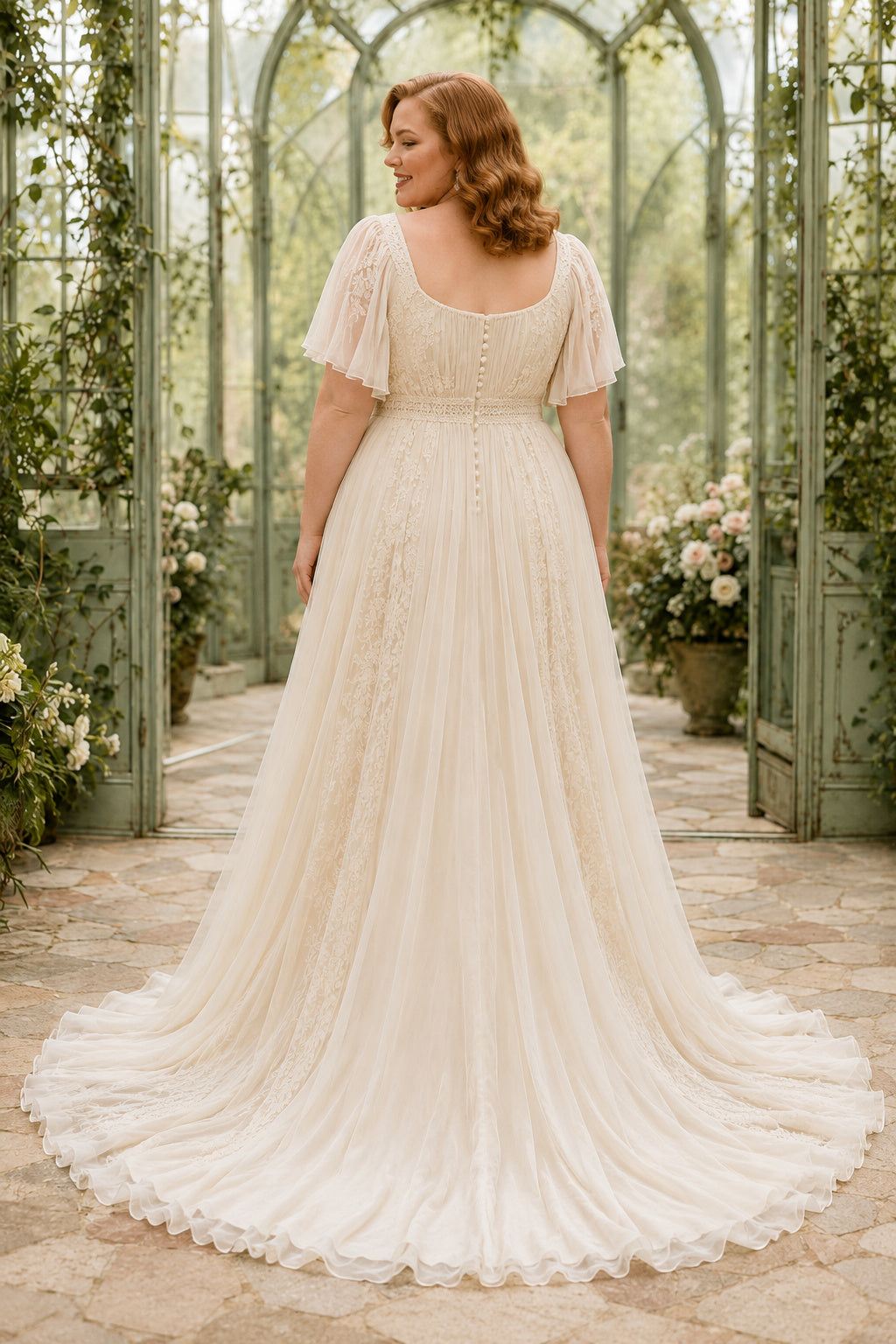 Plus Size Scoop Neck Tulle A-Line Wedding Dress with Short Sleeves back view