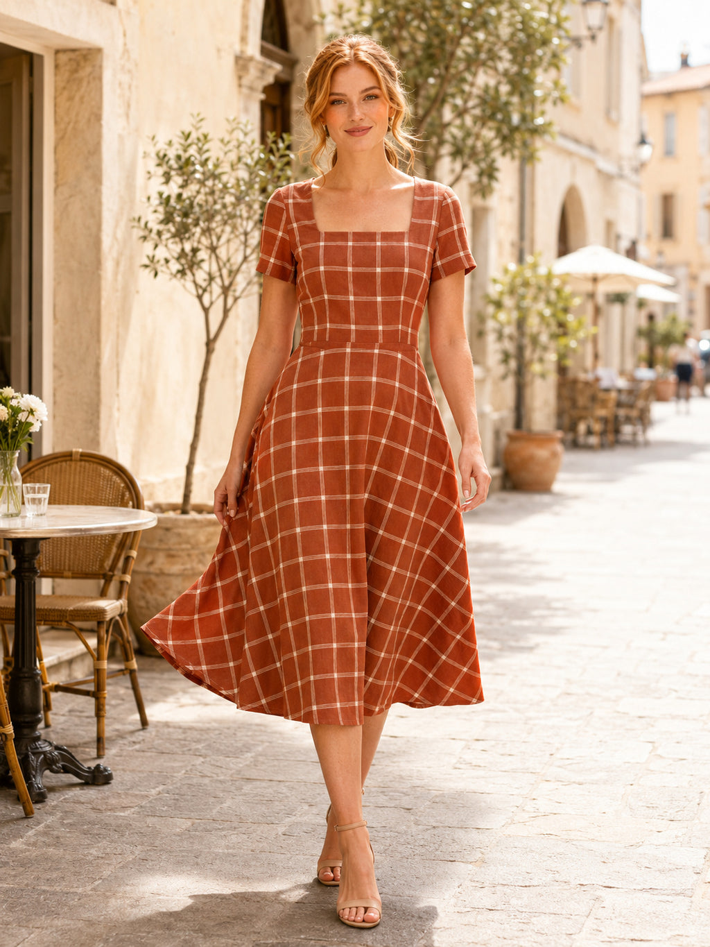 Rust Windowpane Short Sleeve A-Line Midi Casual Guest Dress front view