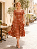 Rust Windowpane Short Sleeve A-Line Midi Casual Guest Dress front view