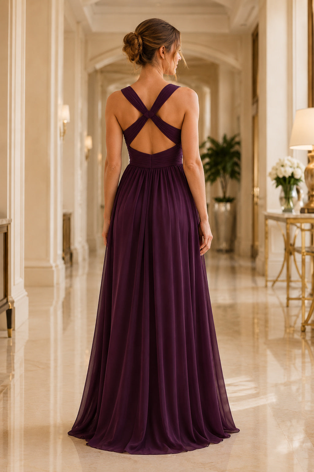 Plum Off-the-Shoulder Chiffon A-Line Bridesmaid Dress with Criss Cross Back back view