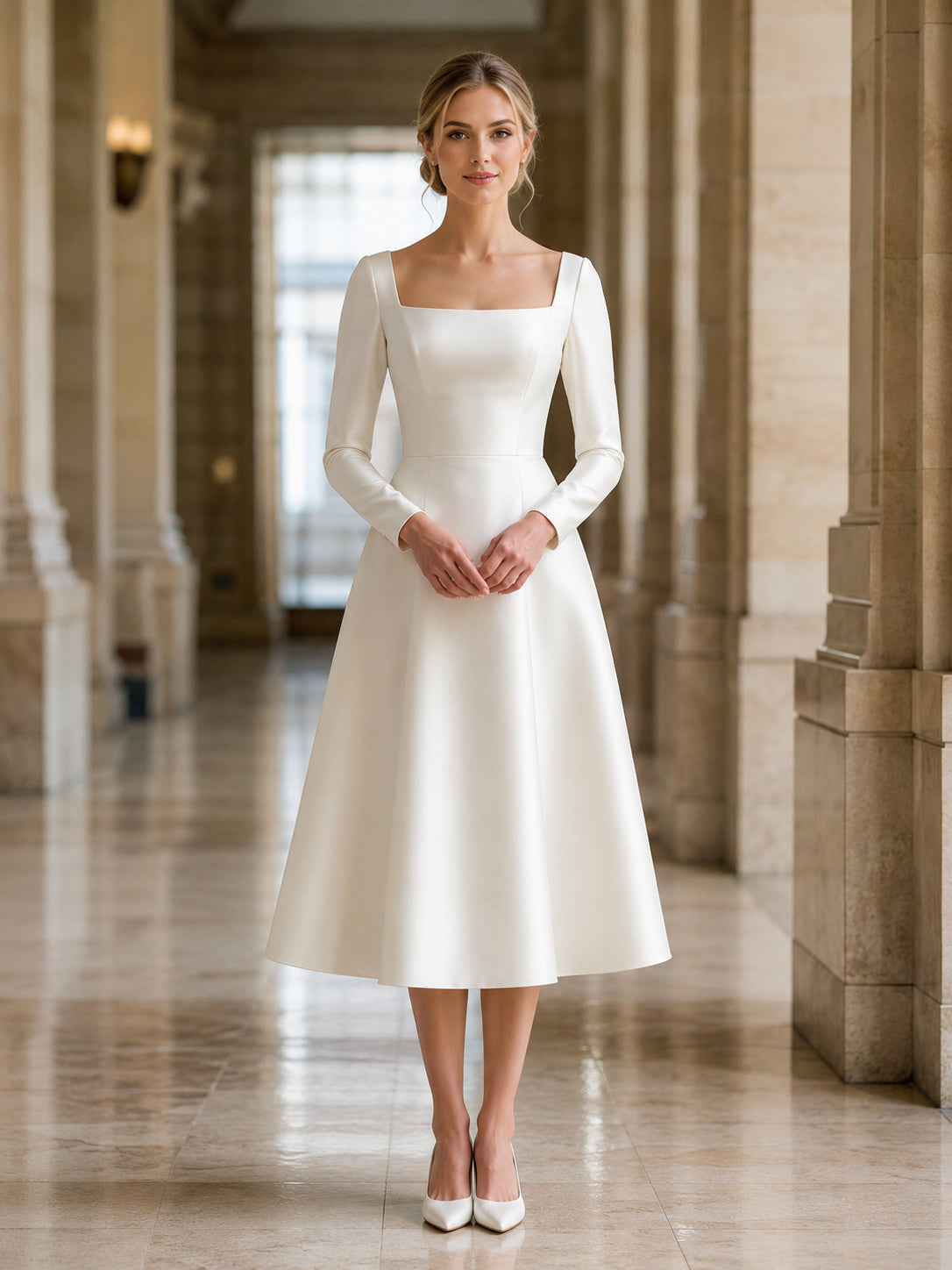 Civil Minimalist Square Neck Long Sleeve Satin A-Line Tea Length Wedding Dress front view