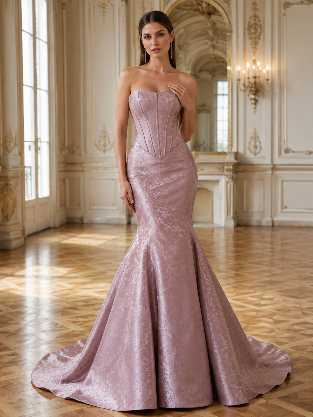 Dusk Strapless Ruched Satin Mermaid Sweep Train Wedding Dress front view