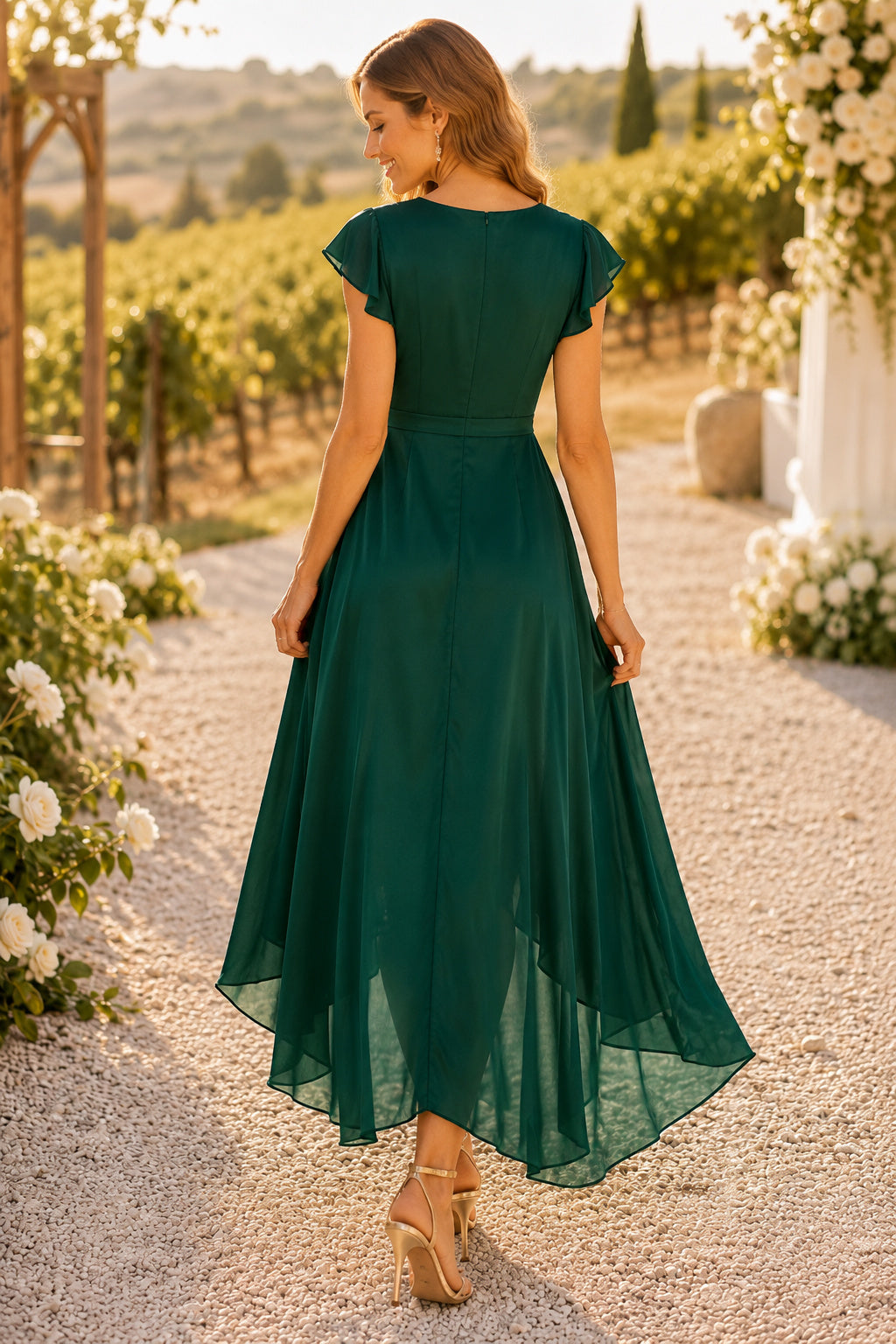 Emerald V-Neck Flutter Sleeve High-Low Chiffon Dress back view