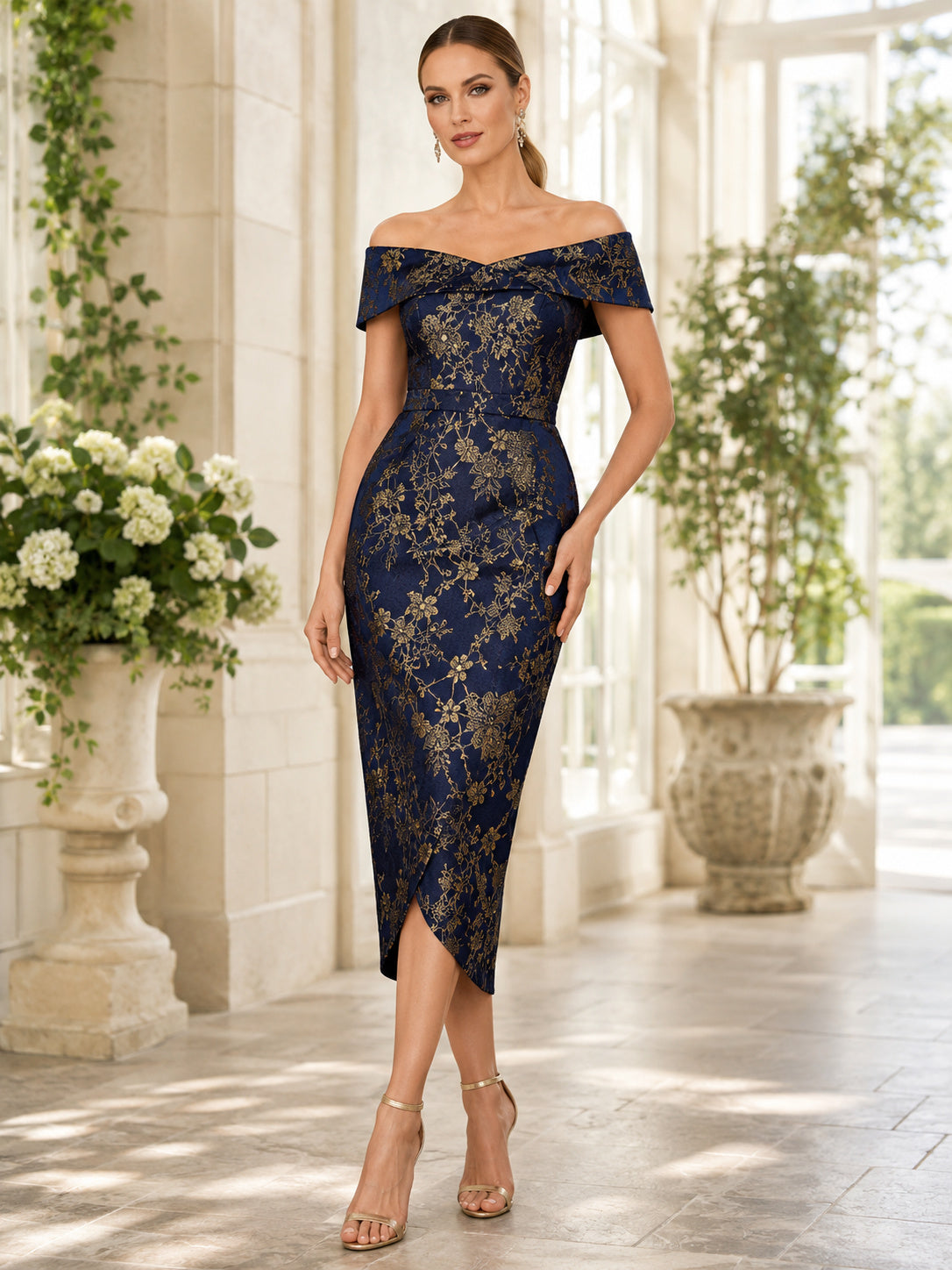 Dark Navy Off-the-shoulder Jacquard Sheath Midi Dress front view