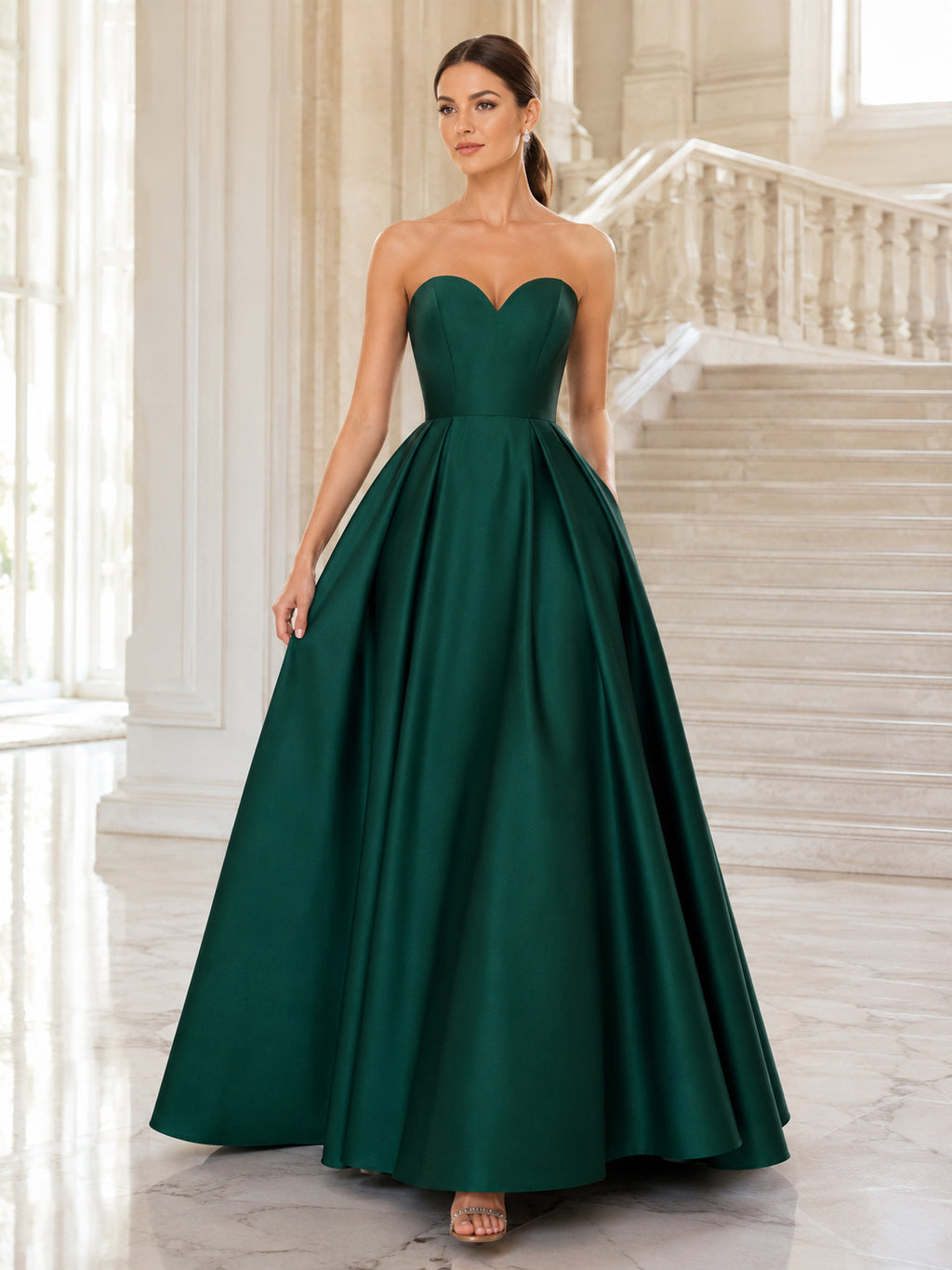Emerald Strapless Satin Ball Gown Formal Dress front view