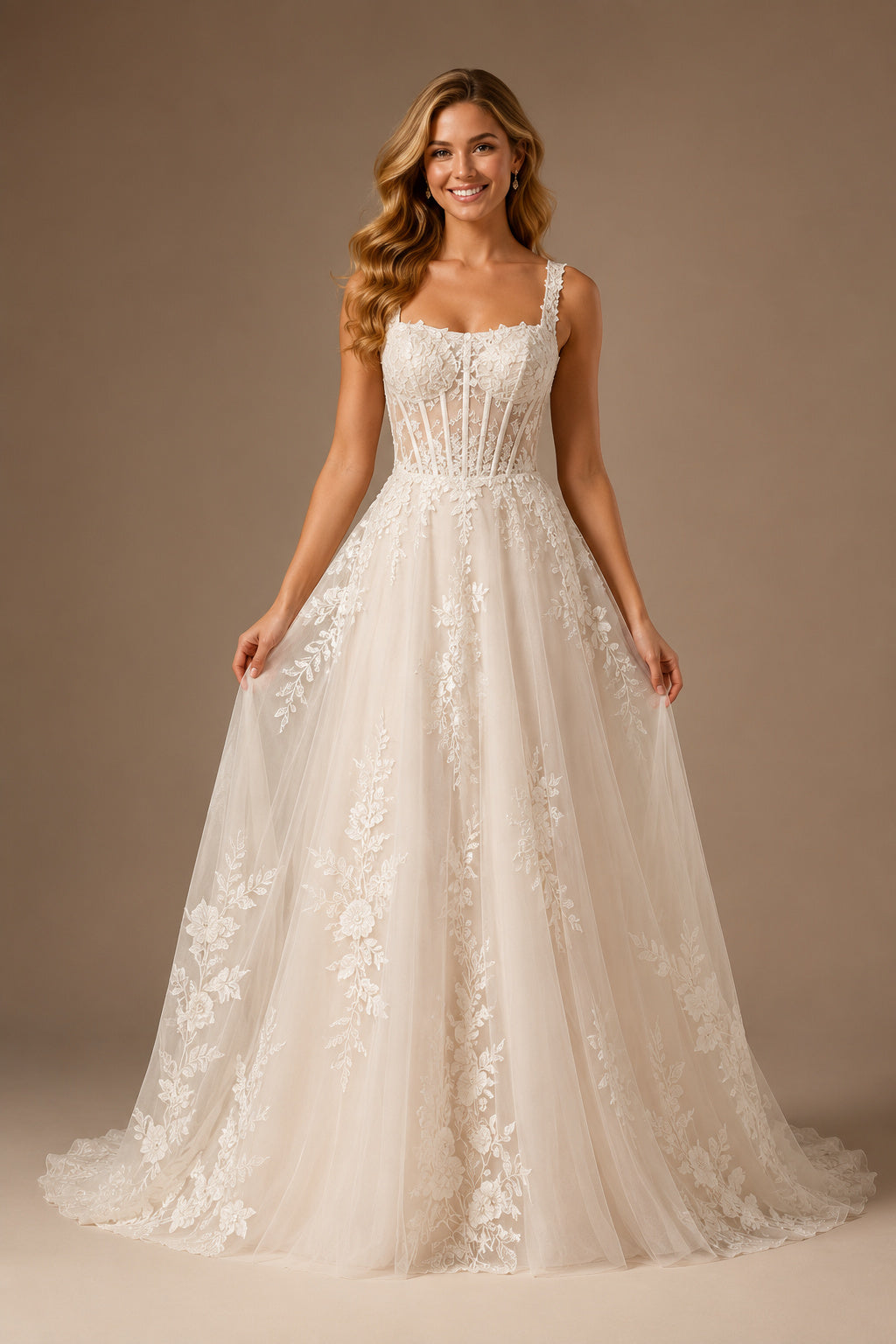 Wedding A-Line Lace Dress with Square Neck Straps and Chapel Train front view