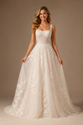 Wedding A-Line Lace Dress with Square Neck Straps and Chapel Train front view