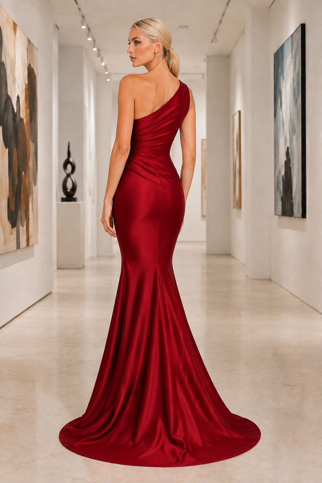 Red One-Shoulder Satin Mermaid Evening Dress with Side Ruching back view
