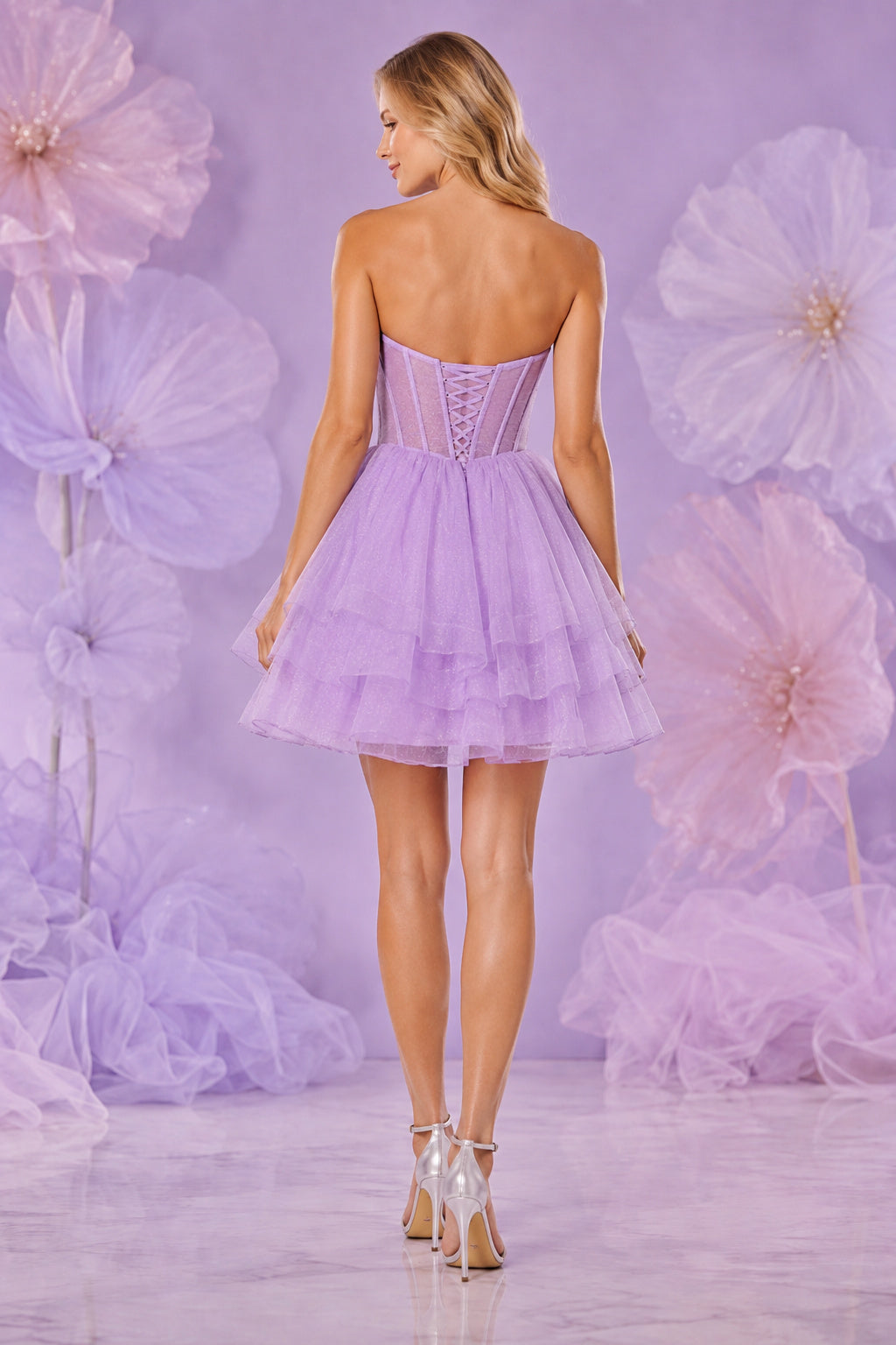 Lavender Strapless Sweetheart Tulle Short A Line Homecoming Dress With Tiered Skirt Homecoming Dress back view