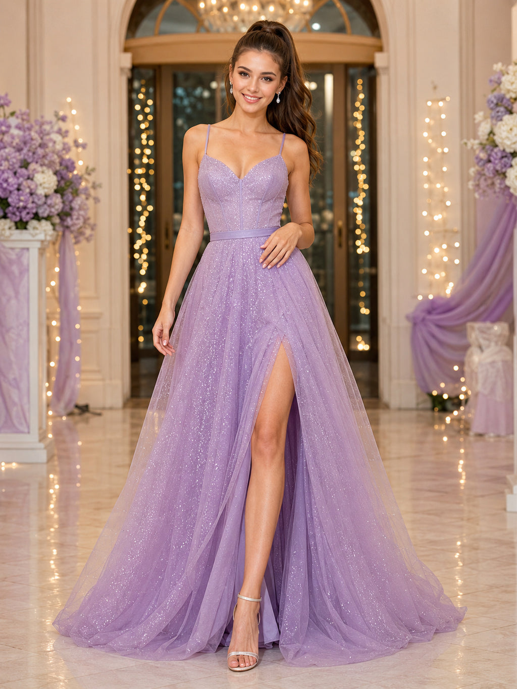 Lavender Glitter Tulle Spaghetti Strap Prom Gown With Slit front view
