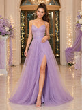 Lavender Glitter Tulle Spaghetti Strap Prom Gown With Slit front view