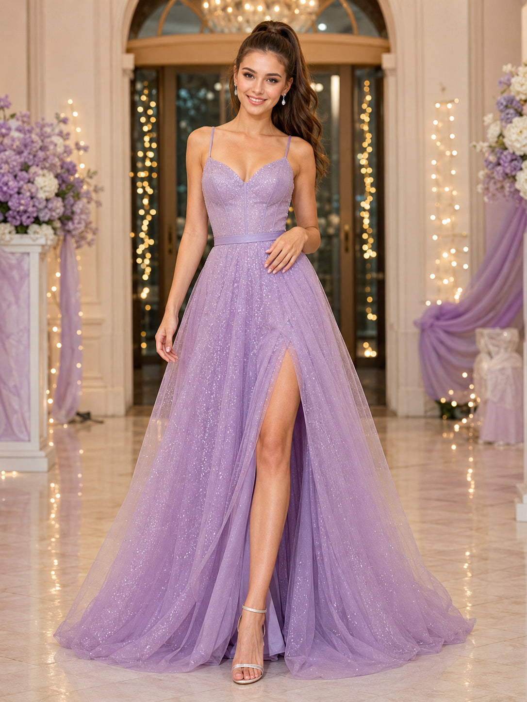 Lavender Glitter Tulle Spaghetti Strap Prom Gown With Slit front view