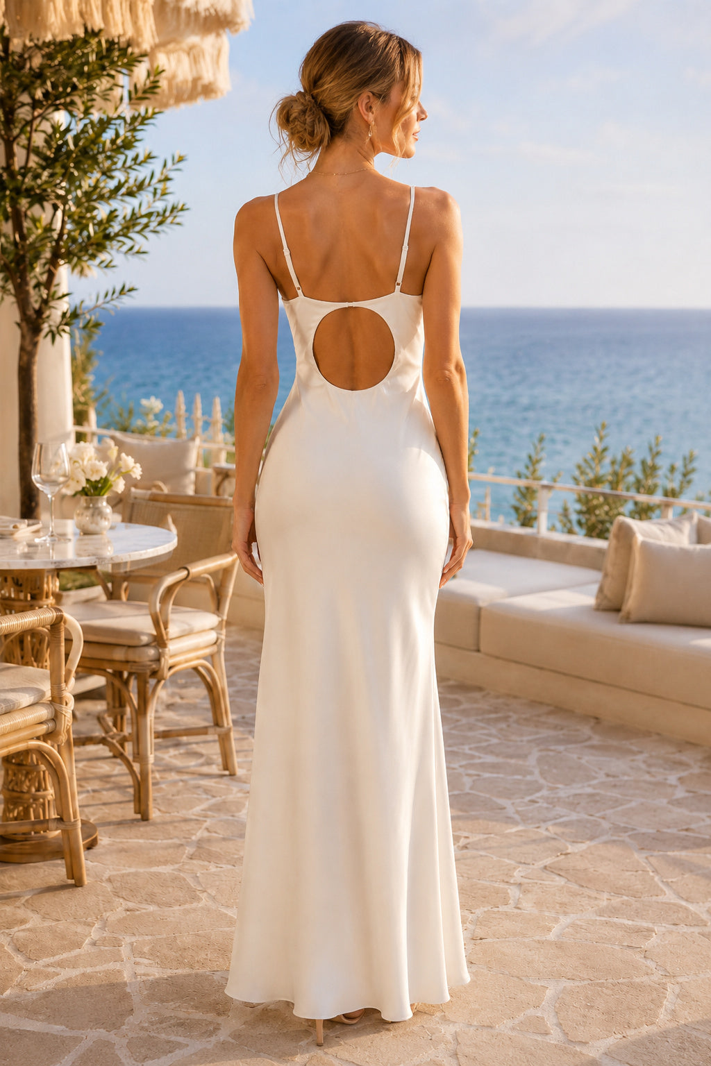 White Vacation Cutout Back Dress Satin Sheath Cowl Spaghetti Strap Floor Length back view