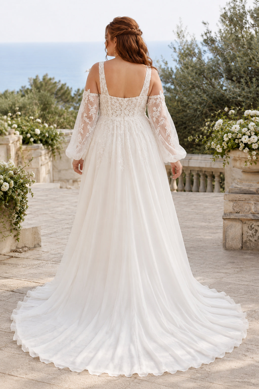 Plus Size Ivory Square Neck Strap Bishop Sleeve Lace Tulle A-Line Wedding Dress with Split Front Skirt and Bishop Sleeves bac