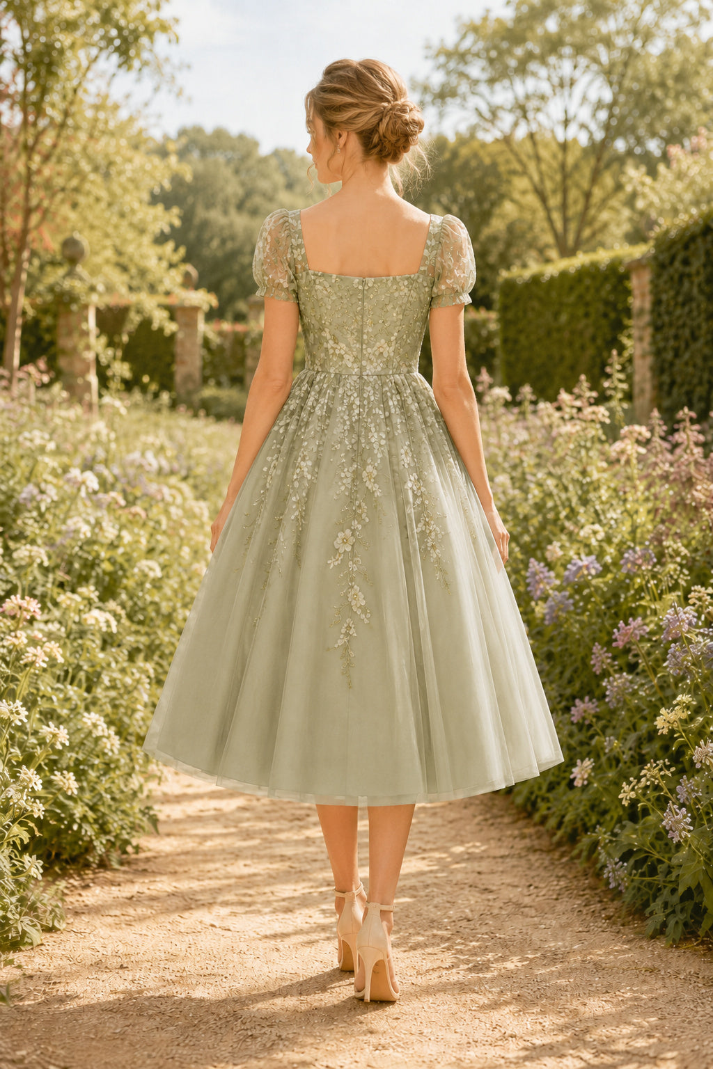 Sage Square Neck Puff Sleeve Lace Dress with Tulle Skirt Tea Length A-Line Homecoming Dress back view